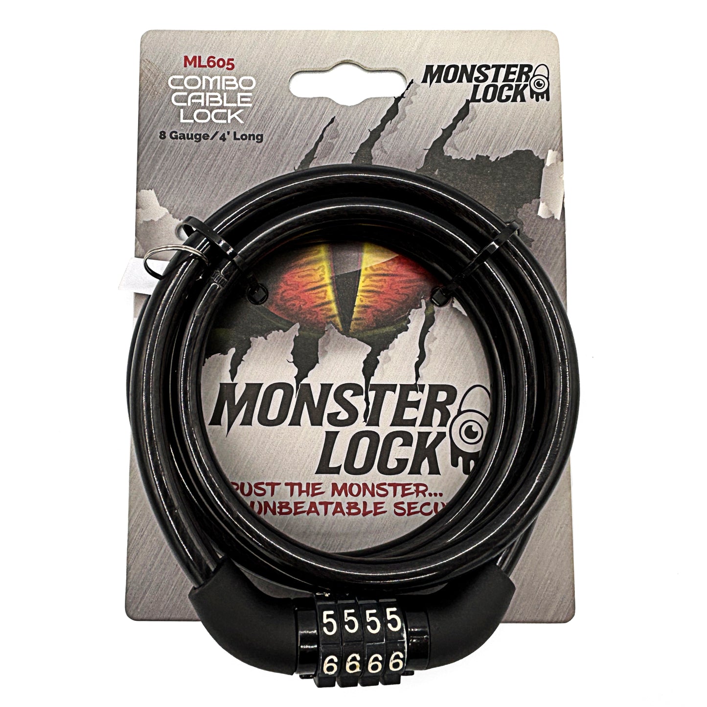 MONSTER LOCK 4 ft Combination Cable Lock – 5/16" (8mm) Braided Steel (ML605)