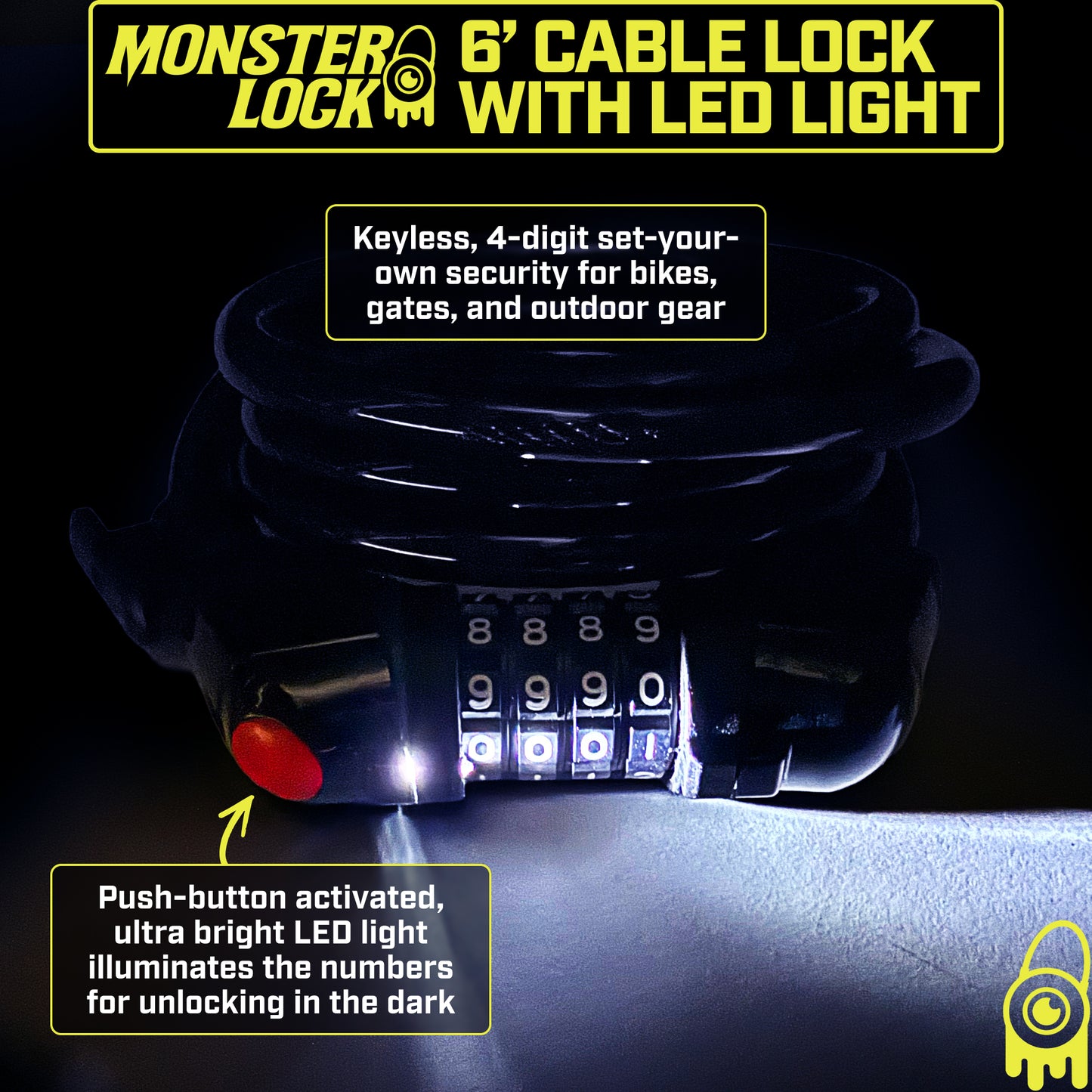 Monster Lock 6-Foot x 12-Gauge Combination Cable Lock with Built-in LED (ML603)