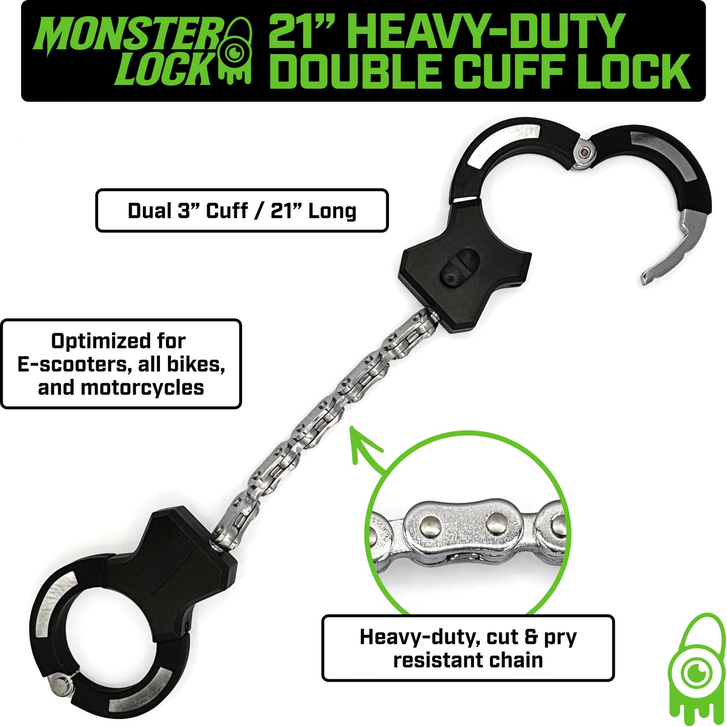 MONSTER LOCK Heavy-Duty Chain Lock with Dual 3" Cuffs, 21" Long (ML801)