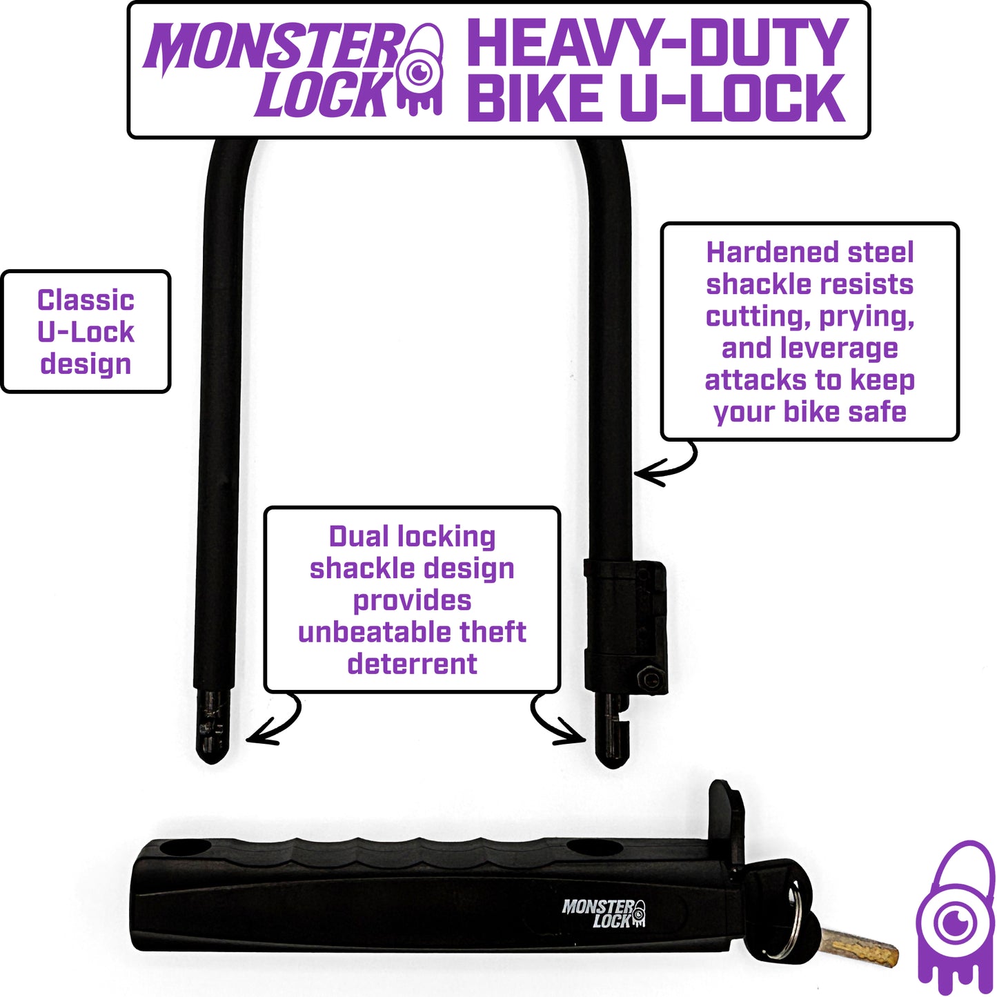 MONSTER LOCK Heavy Duty Bike U-Lock with Mounting Bracket & 2 Keys