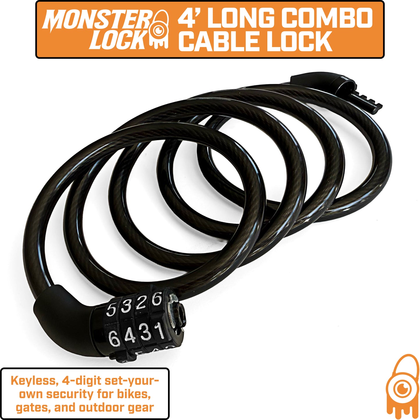MONSTER LOCK 4 ft Combination Cable Lock – 5/16" (8mm) Braided Steel (ML605)