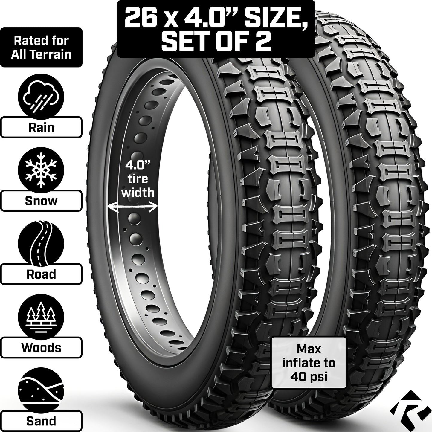 Revere Fat E-Bike Tire 26"x4.0" – 2 Tires + 2 Tubes + 2 Tire Levers