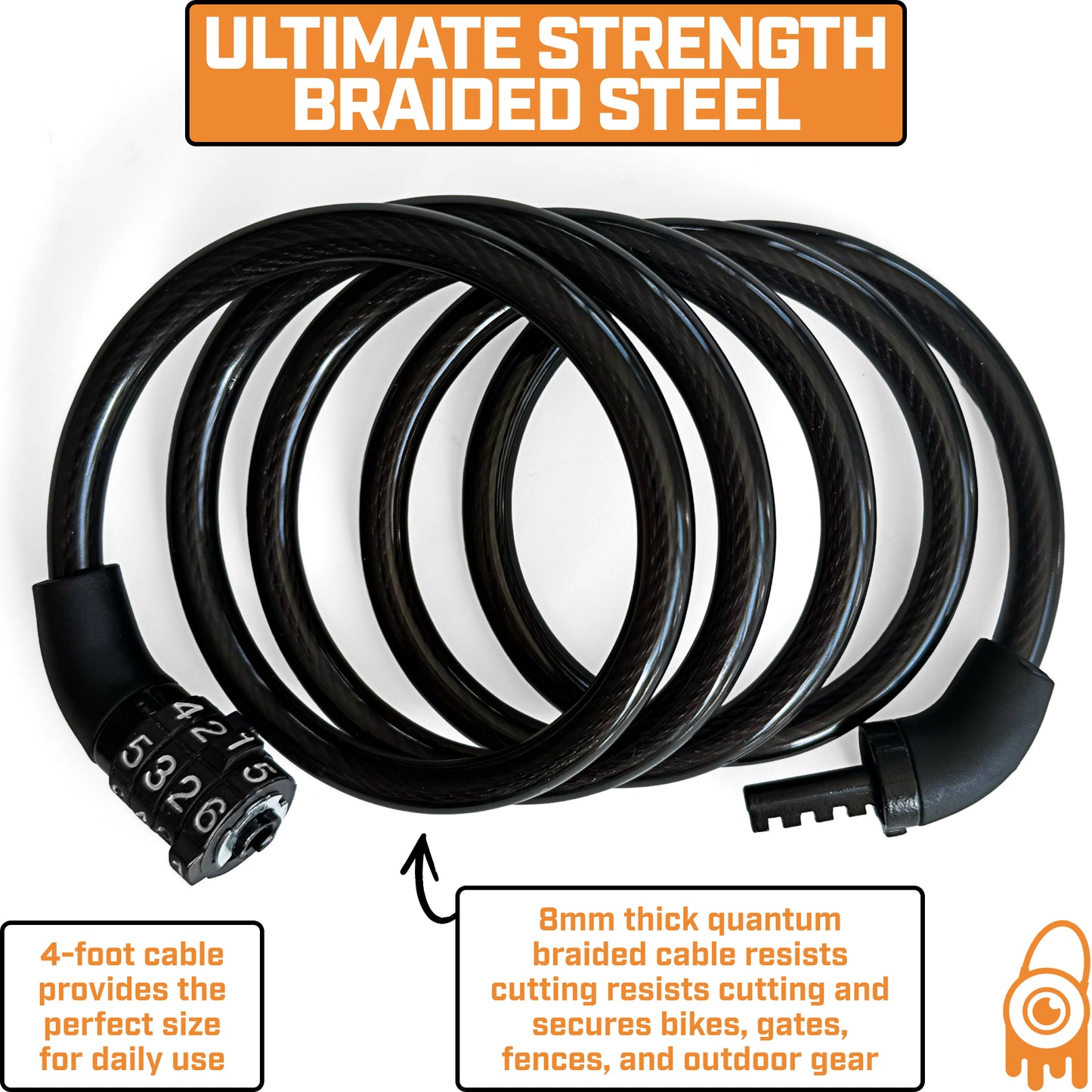 MONSTER LOCK 4 ft Combination Cable Lock – 5/16" (8mm) Braided Steel (ML605)