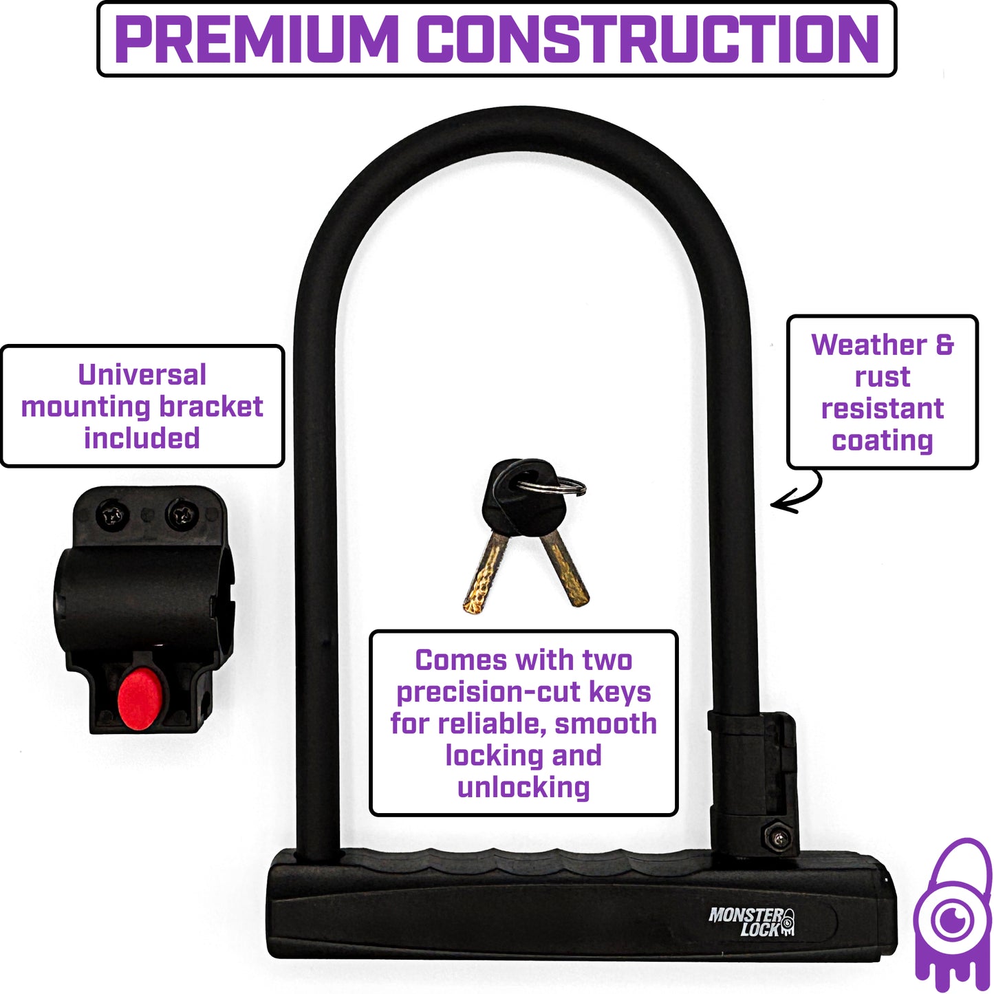MONSTER LOCK Heavy Duty Bike U-Lock with Mounting Bracket & 2 Keys