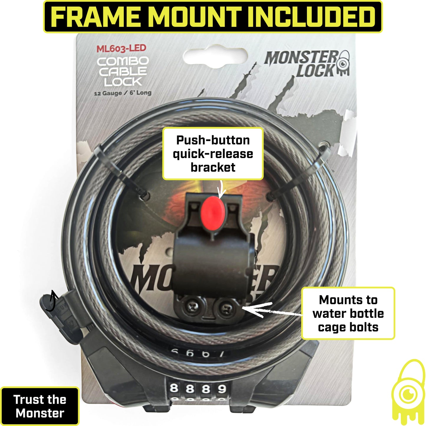 Monster Lock 6-Foot x 12-Gauge Combination Cable Lock with Built-in LED (ML603)