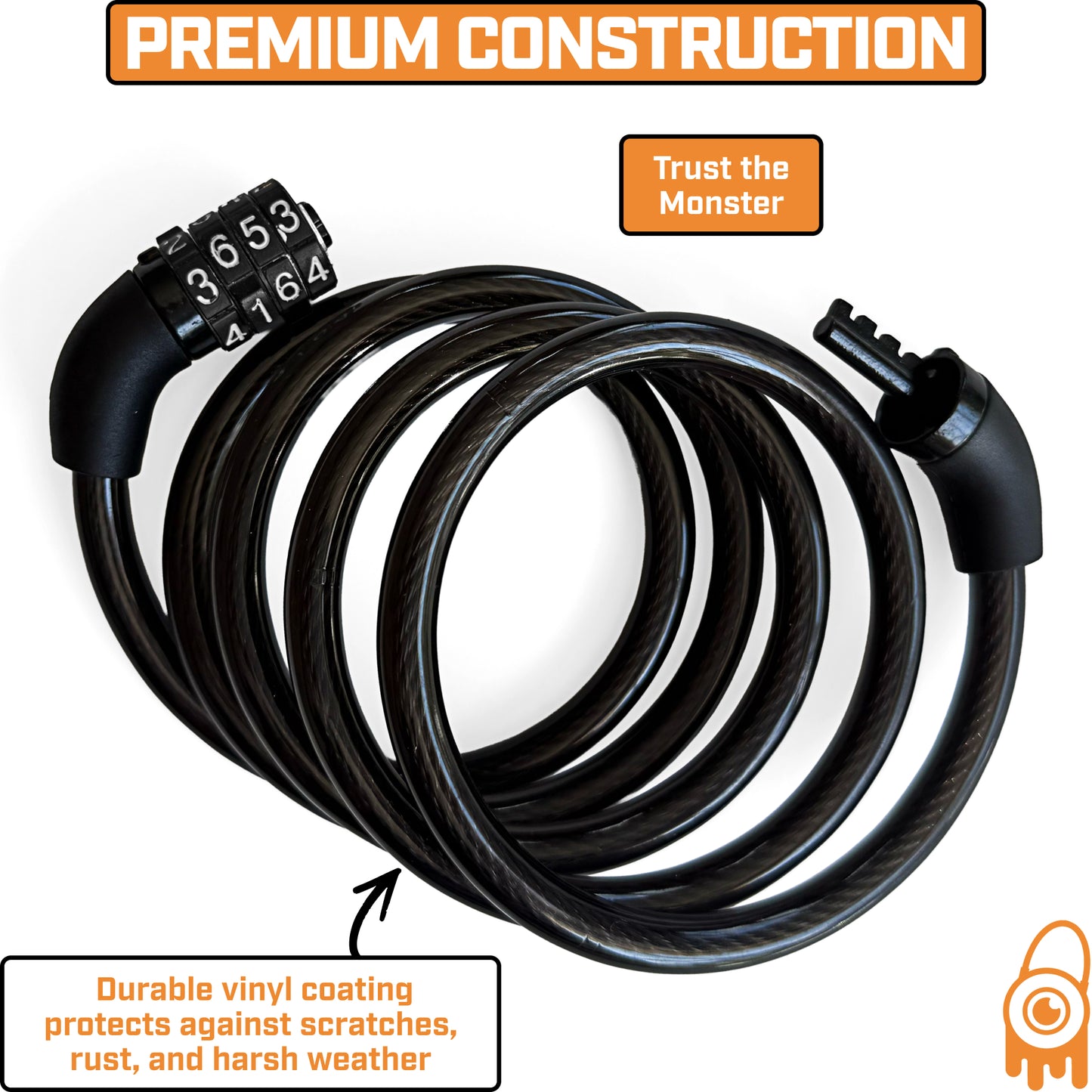 MONSTER LOCK 4 ft Combination Cable Lock – 5/16" (8mm) Braided Steel (ML605)