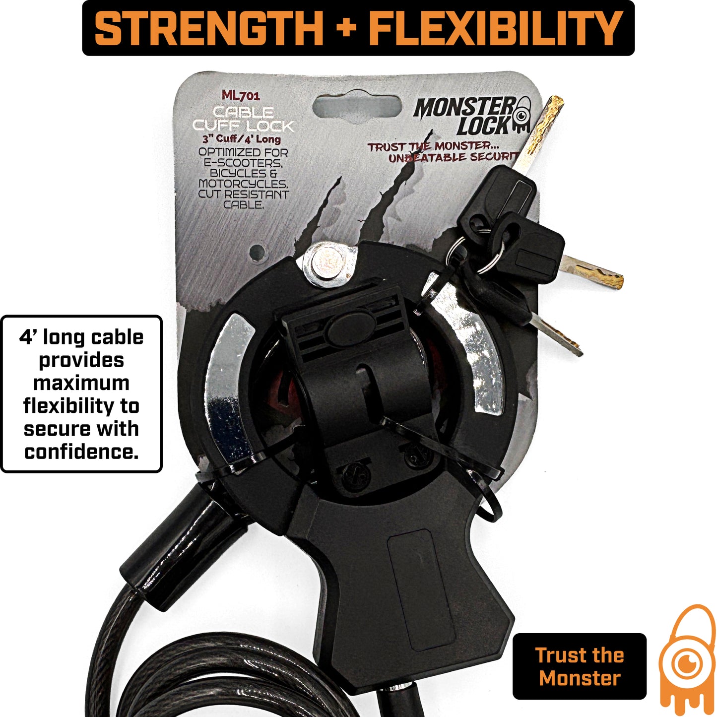 MONSTER LOCK Heavy-Duty Bike & Scooter Cable Cuff Lock w/Mounting Bracket (ML701)