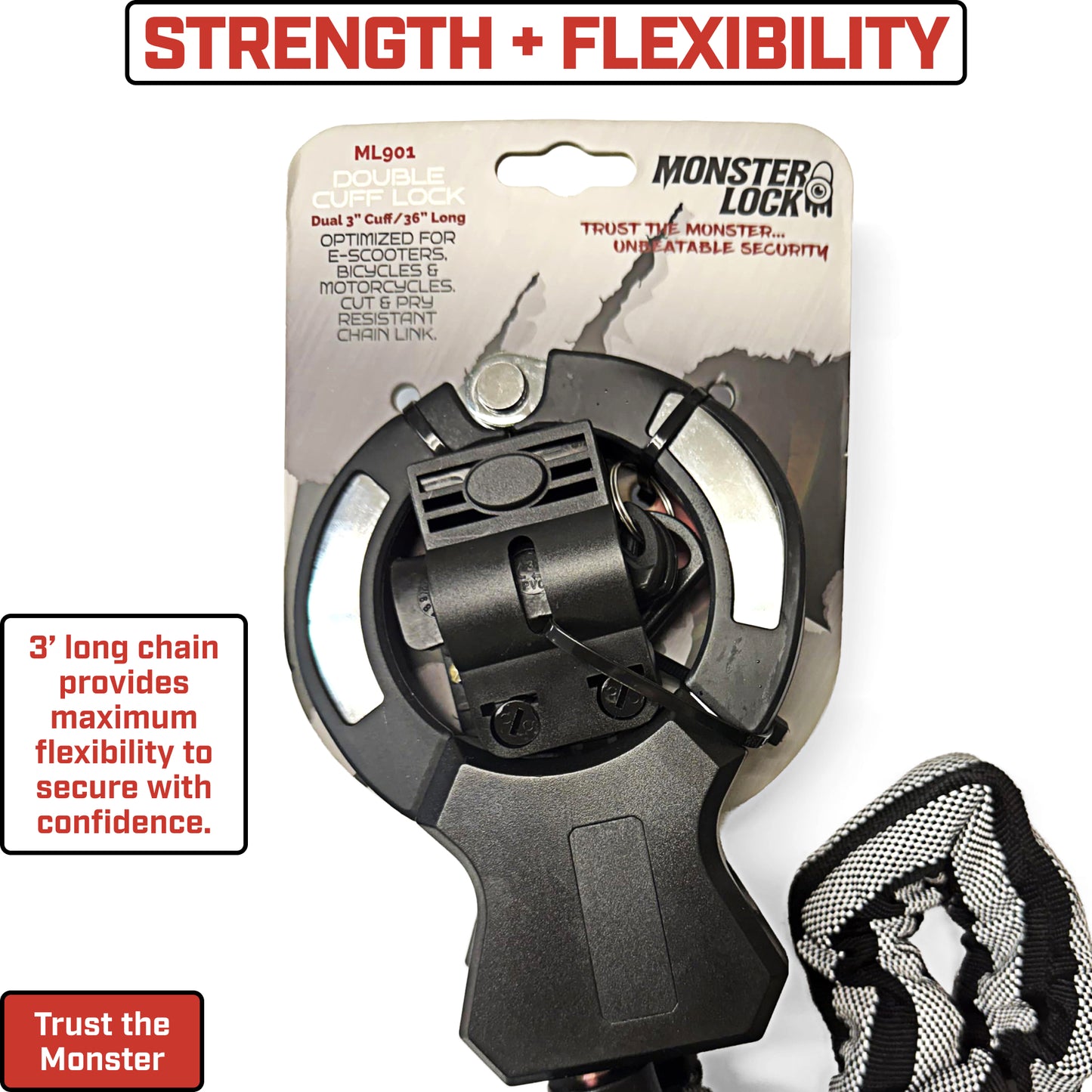 MONSTER LOCK Heavy-Duty Sleeved-Chain Lock w/ Dual 3" Cuffs (ML901)