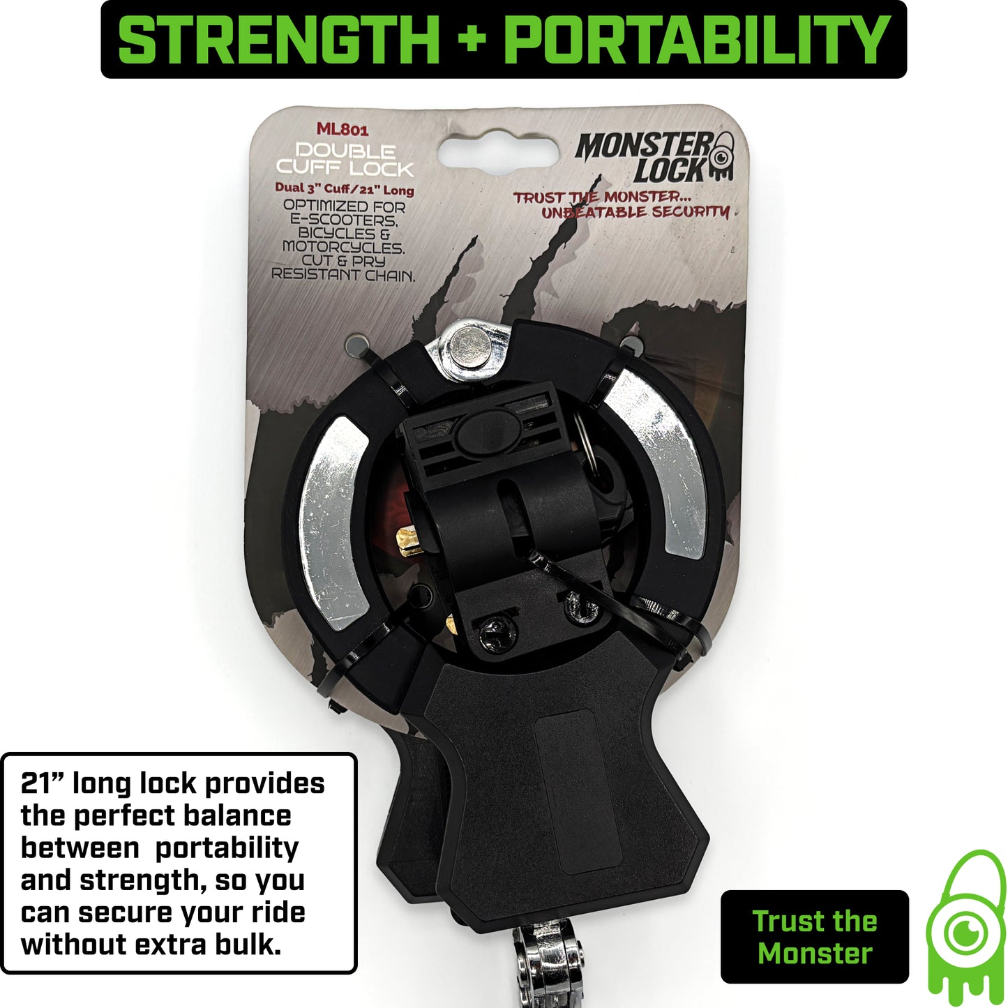 MONSTER LOCK Heavy-Duty Chain Lock with Dual 3" Cuffs, 21" Long (ML801)