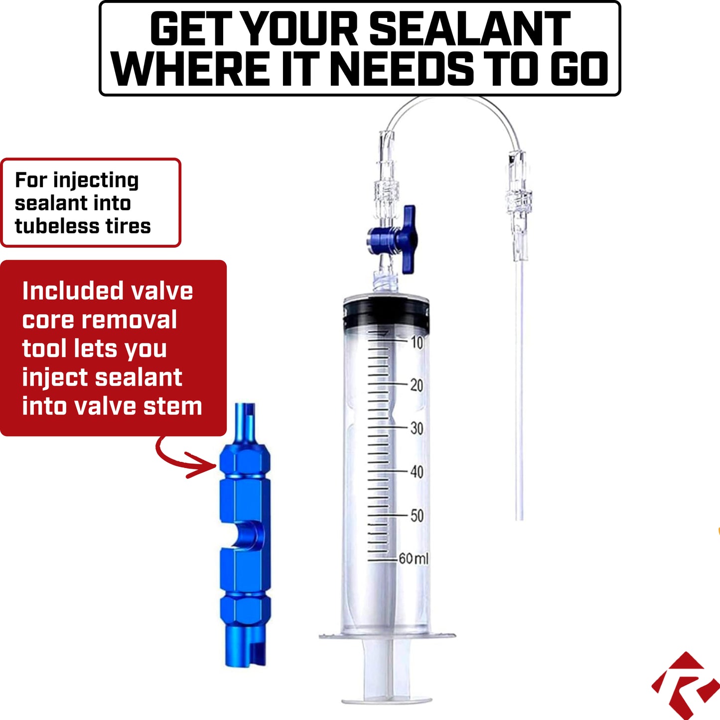 Revere Tubeless Tire Sealant Injector Syringe with Presta Core Valve Removal Tool