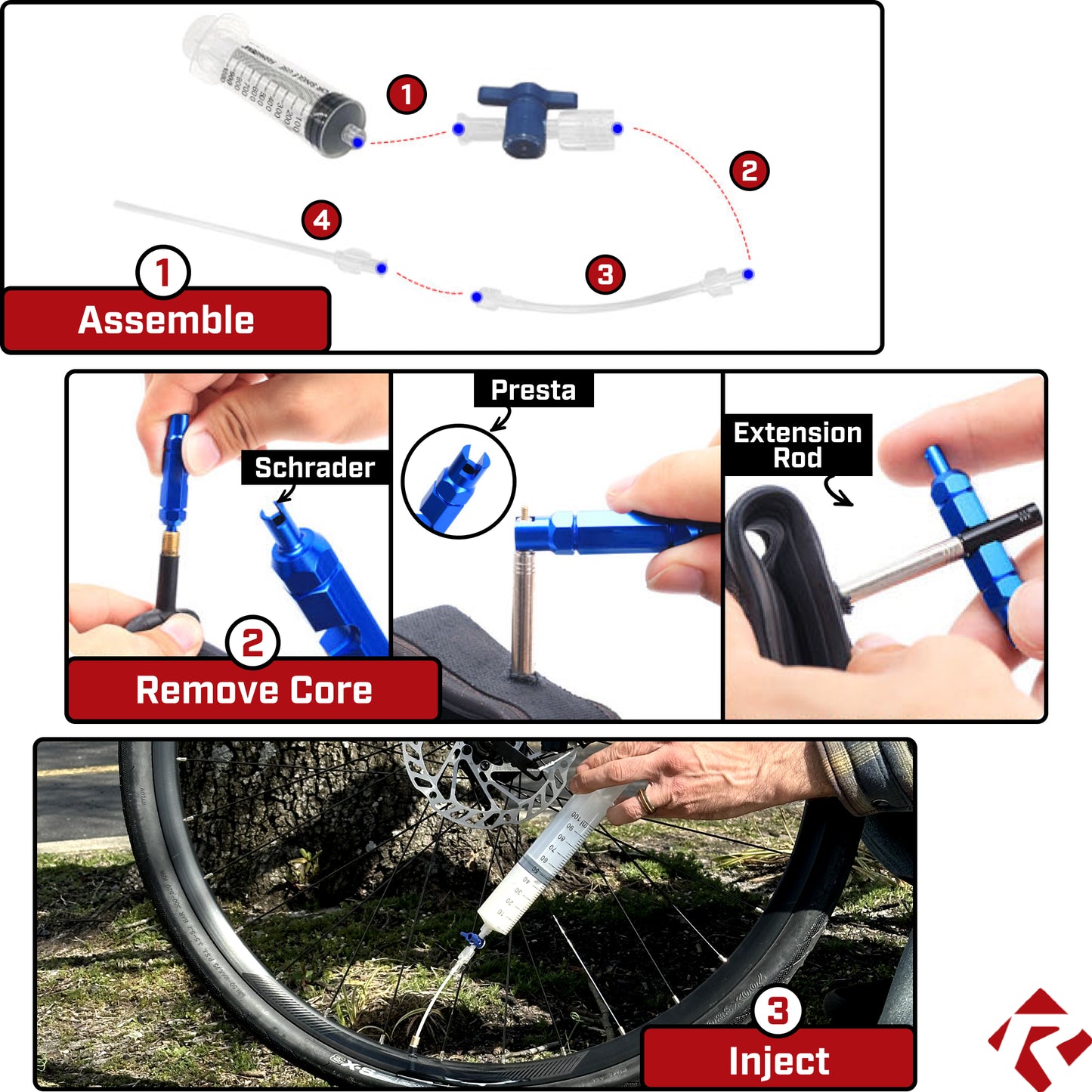 Revere Tubeless Tire Sealant Injector Syringe with Presta Core Valve Removal Tool